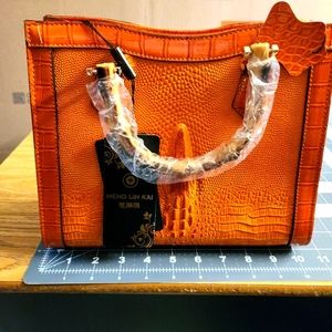 Orange Crocodile Style Handbag with Bamboo Handles